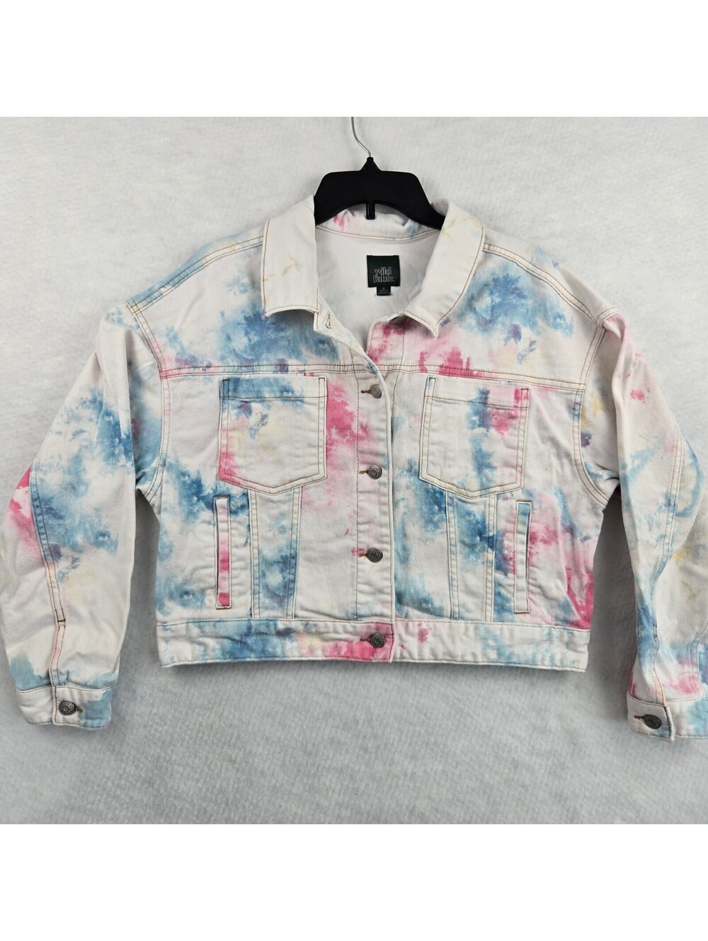 Wild Fable Tie Dye Denim Jacket Womens M Cropped Pastel Button Front Jean Jacket